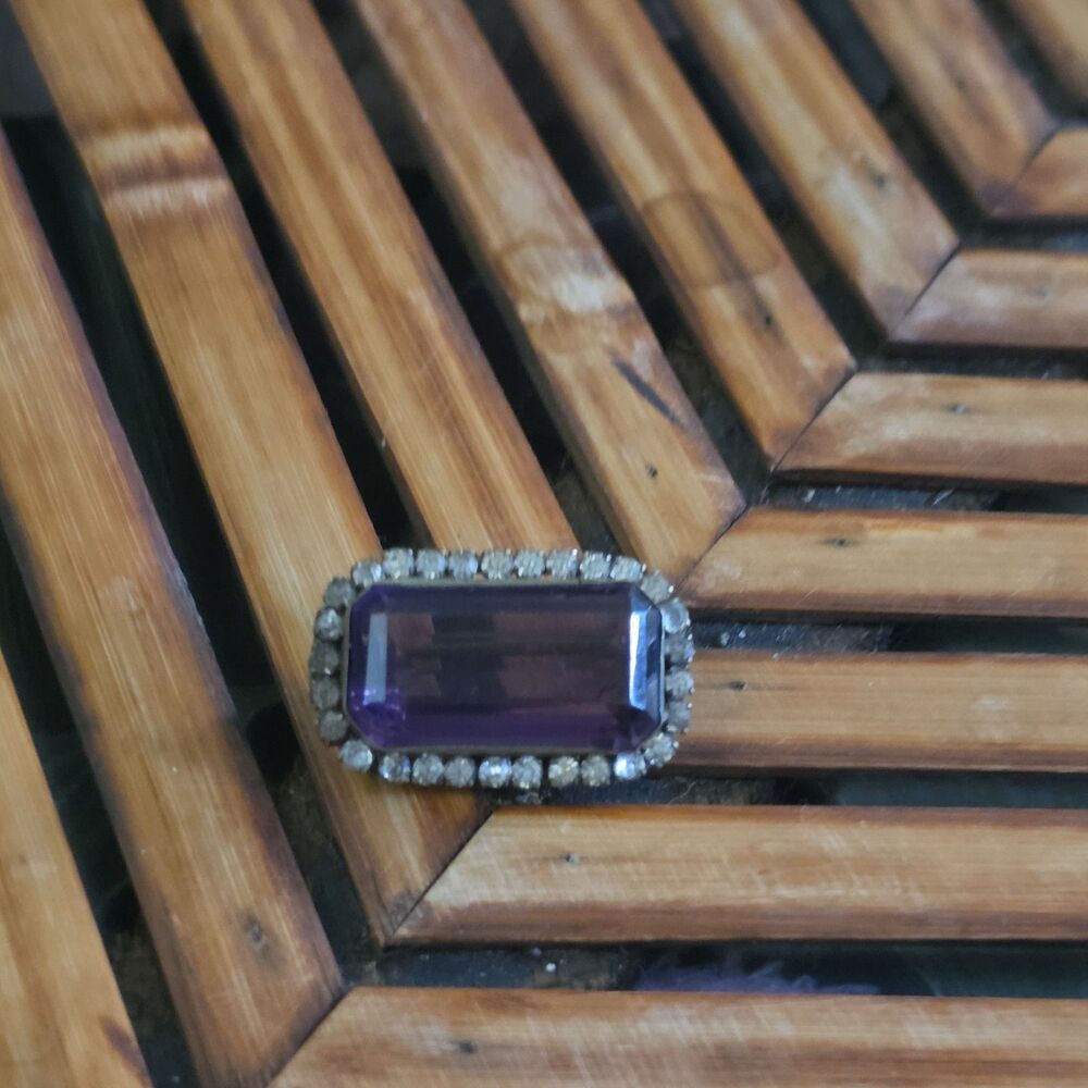 Vtg 1950s Large Amethyst Art Glass & Rhinestone Statement Brooch Pin Emerald Cut - Picture 3 of 8